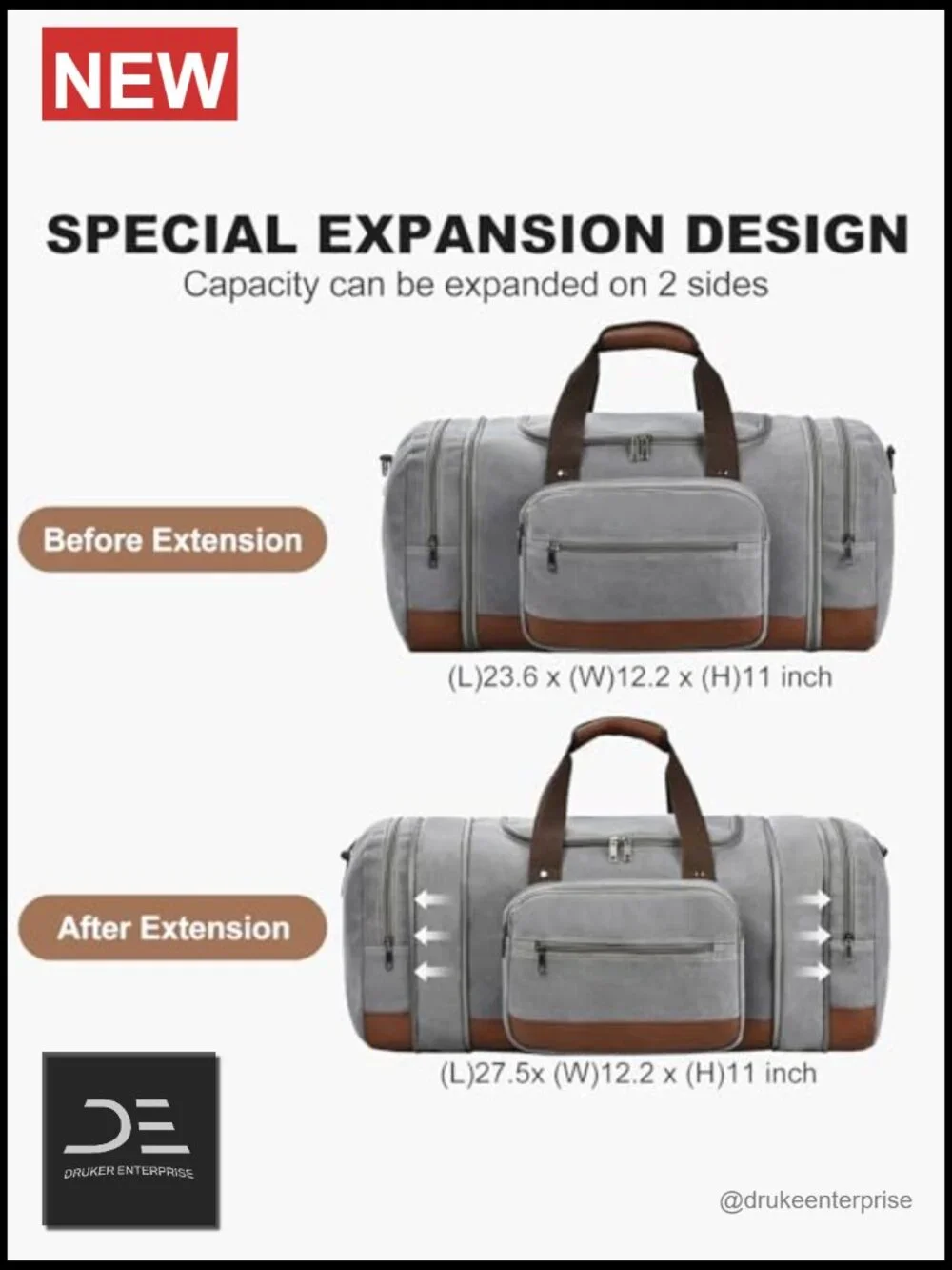 60L Expandable Canvas Travel Duffel Bag with Trolley Sleeve